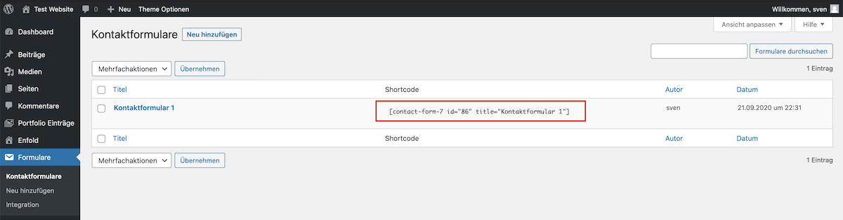 Contact Form 7 Shortcode