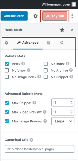 RankMath noindex Einstellung im Gutenberg Editor