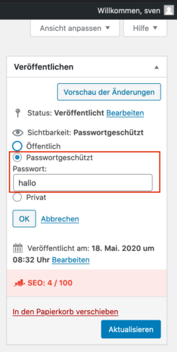WordPress Passwortschutz einrichten im Classic Editor