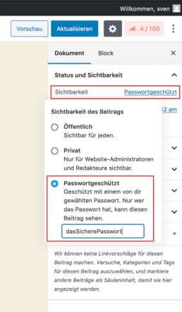 WordPress Passwortschutz einrichten im Gutenberg Editor